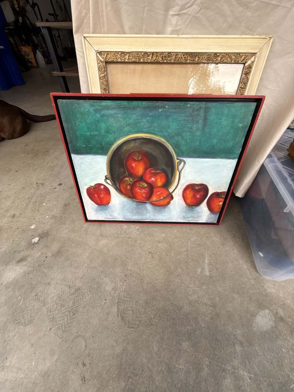 B. Davidson Signed Still Life Original Painting of Red Apples in a Tin Bucket
